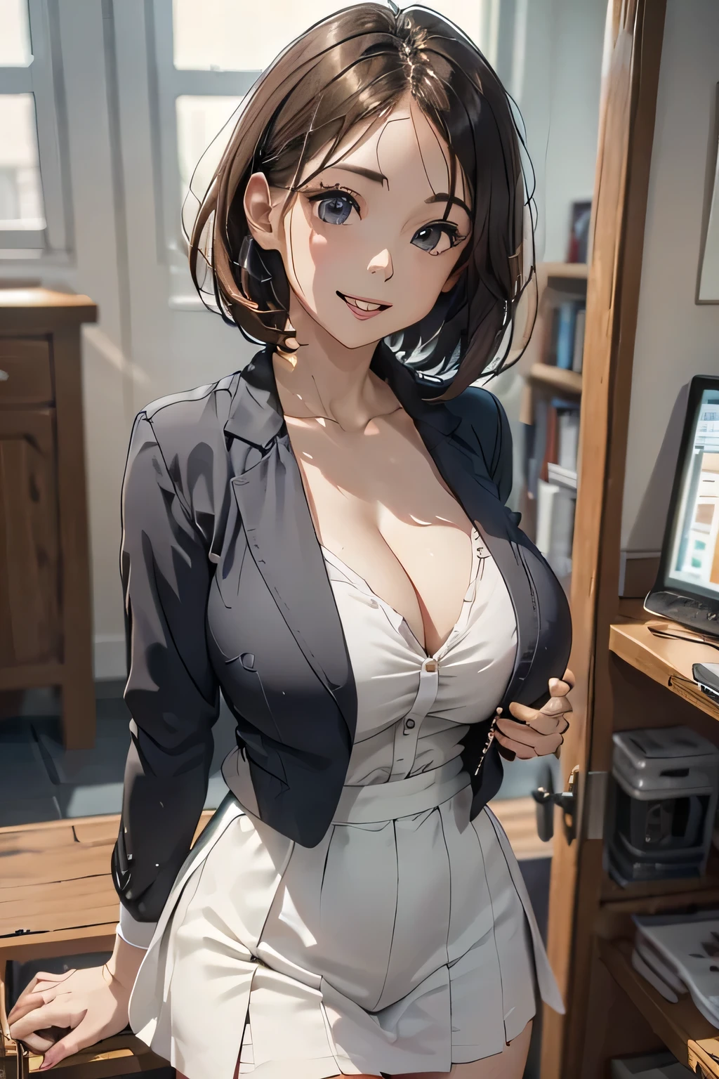 Beautiful lawyer、(alone, 40 years old、Ultra detailed face、Detailed lips、Detailed eyes、double eyelid、Brunette bob hair, Black blazer、White dress shirt、Tight micro mini skirt)、Reading at a desk、at the library、Huge 、Perfect hands, Perfect Fingers, Perfect breasts, Exactly, Perfect body, Perfect Face, Perfect Image Realism, Detailed Background, Detailed costume, maikurobiki、Unbuttoned shirt、Lewd Librarian、Hyperrealism、Photorealistic、Unreal Engine、Maximum resolution 8K, (masterpiece), Very detailed, Professional