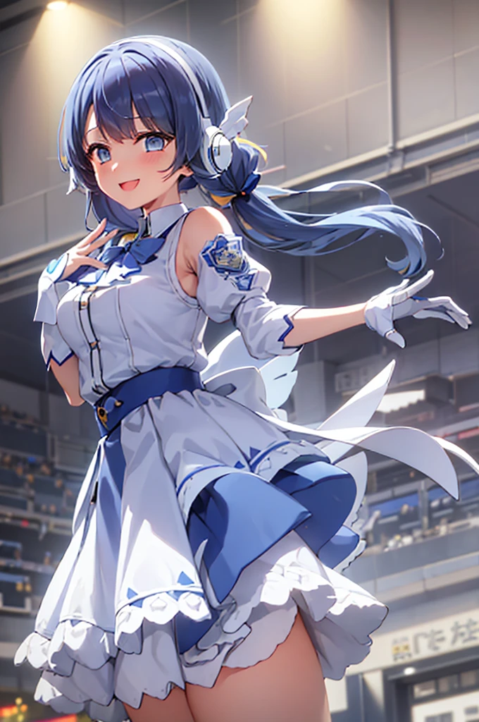 mecha wings、White and blue skirt、Thighs、tights、chest、Twin tails、Blue Hair、1 girl、solo girl、IS、Frame Arms Girl、Alice Gere Aegis、blue armor、income、headphone、hand on own chest、smile、idol woman、idol dress