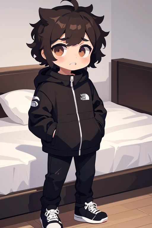 1man, shota, standing, short curly hair, wearing white and black the north face long winter jacket, black jeans, white and black winter sneakers, brown hair, brown eyes, fang teeth, high res, masterpiece, with sad eyes looking at mobile phone, resting at bed, holding mobile phone upside