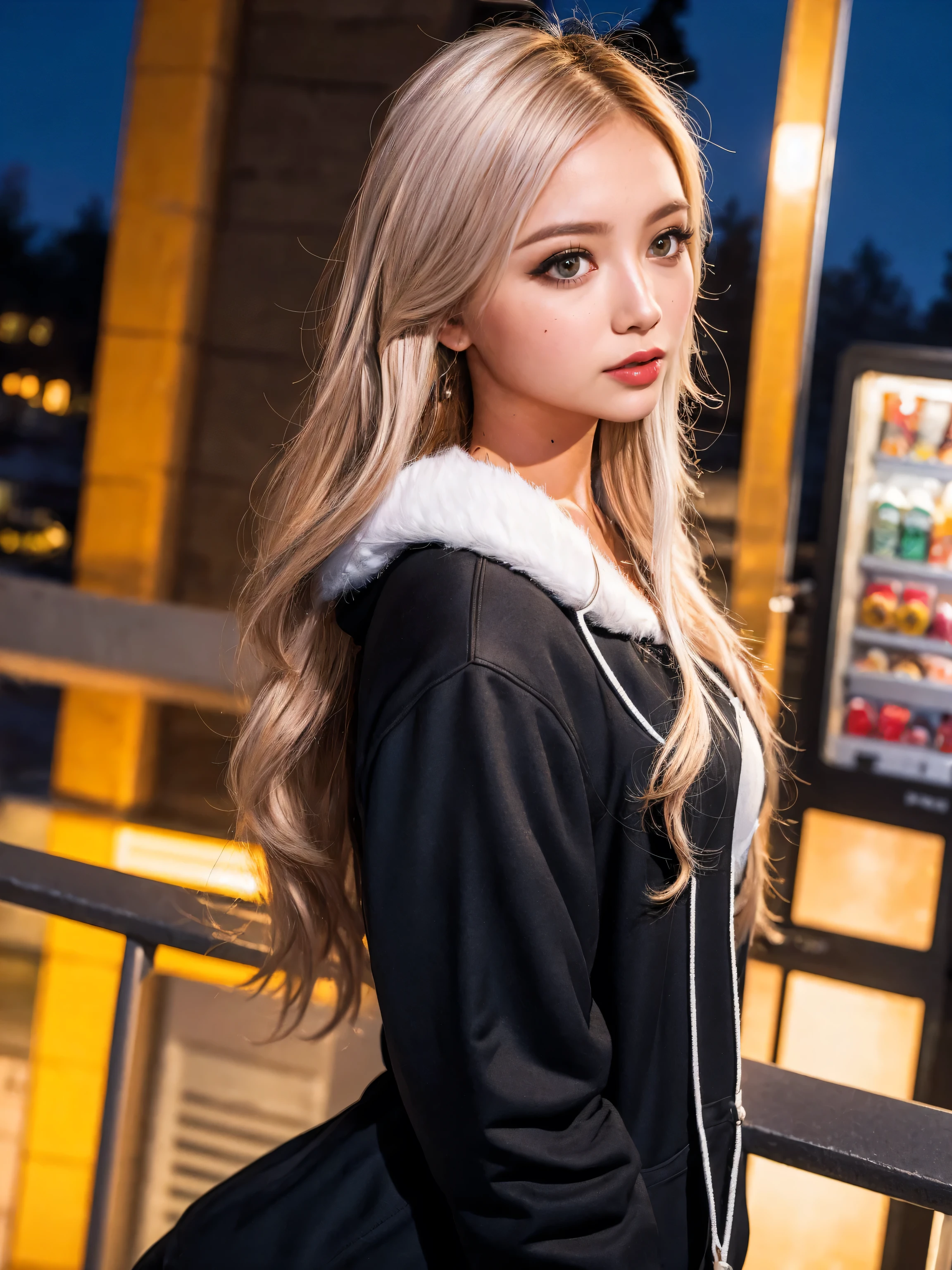 1黒のパーカーを着たGal,Looking down, 横face, night,moonlight,Exterior lights,Gal, Hooded parka,masterpiece, Highest quality, Realistic, face,, Beautiful girls, cute, Written boundary depth, High resolution, Super detailed, detailed, pale, Sunburned skin,woman,blonde,Platinum Hair,Brown Hair,orange,Wavy Hair,Shortcuts,building,intersection,stage,Pedestrian bridge,vending machine,night,深night,Blurred Background:1.2