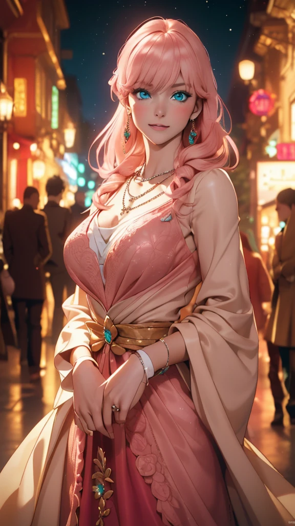 best quality, masterpiece, high resolution, A girl, blond, Blue eyes, fashion clothing, necklace, jewelry, Pretty Face, Perfect breasts, more than_Body, Tyndall effect, lifelike, Dark Studio, Side lighting, Two-color lighting, (HD Skin:1.2), 8k Ultra HD, Soft Light, high quality, Volumetric Lighting, frank, photography, high resolution, 8k, Bokeh,hort depth of field,,,(risheirmgardweitzner,pink_hair,aqua_eyes,:1.2), ,Niji XL, red dress,