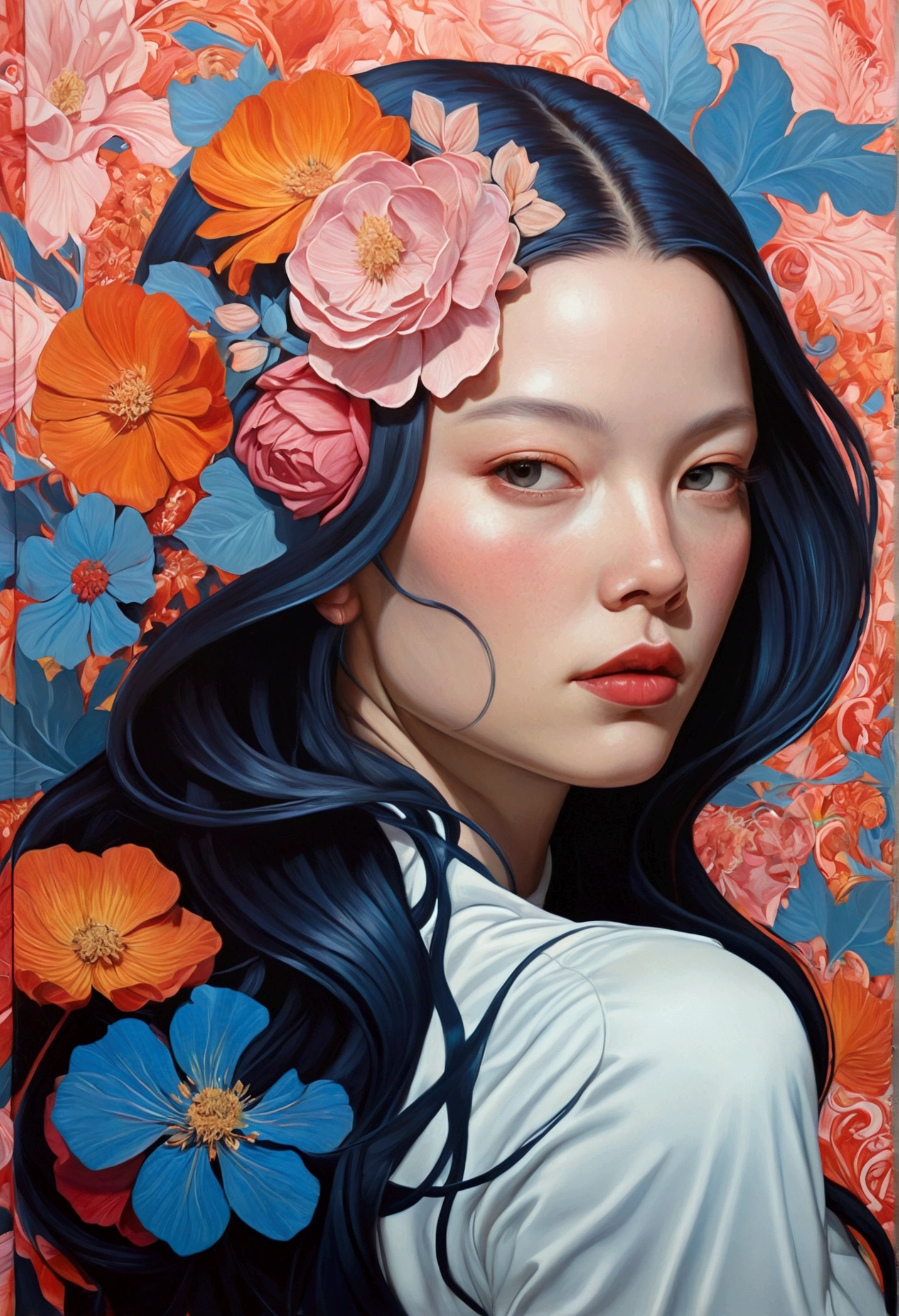 Painting of a woman with long hair and flowers, Ultra-fine detailed paintings inspired by James Jean, Reddit, neo-fauvism, James Jean and Petra Cortright, James Jean Mark, JamesJean」, James Jean Andrey Ryabovitchev, Kilian Eng: Vivid Colors, James Jean Soft Light 4K, Kilian Eng: Vivid Colors