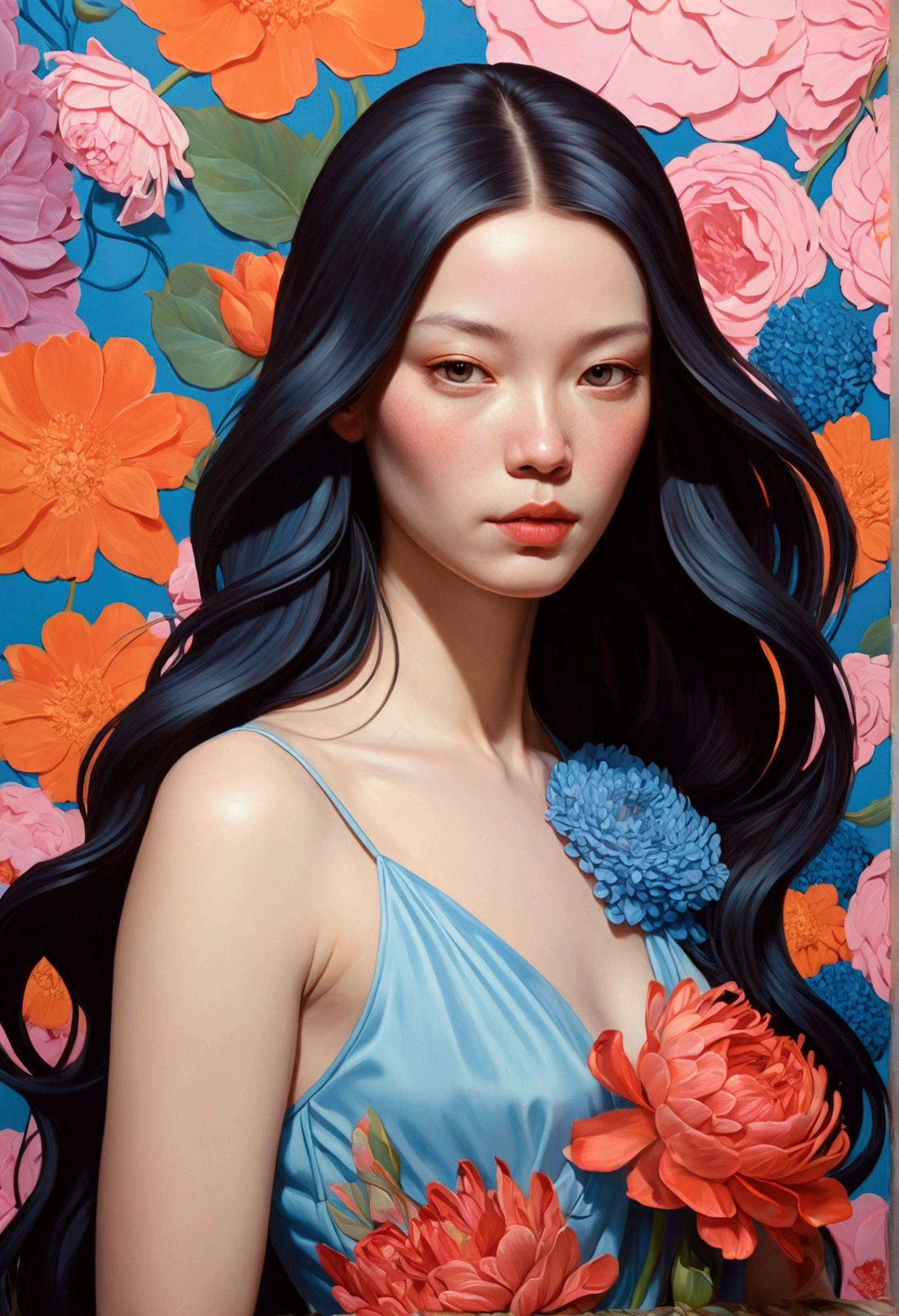 Painting of a woman with long hair and flowers, Ultra-fine detailed paintings inspired by James Jean, Reddit, neo-fauvism, James Jean and Petra Cortright, James Jean Mark, JamesJean」, James Jean Andrey Ryabovitchev, Kilian Eng: Vivid Colors, James Jean Soft Light 4K, Kilian Eng: Vivid Colors