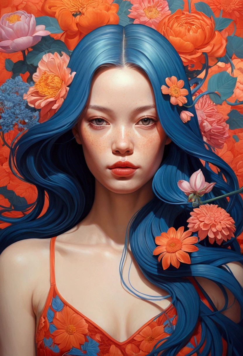 Painting of a woman with long hair and flowers, Ultra-fine detailed paintings inspired by James Jean, Reddit, neo-fauvism, James Jean and Petra Cortright, James Jean Mark, JamesJean」, James Jean Andrey Ryabovitchev, Kilian Eng: Vivid Colors, James Jean Soft Light 4K, Kilian Eng: Vivid Colors