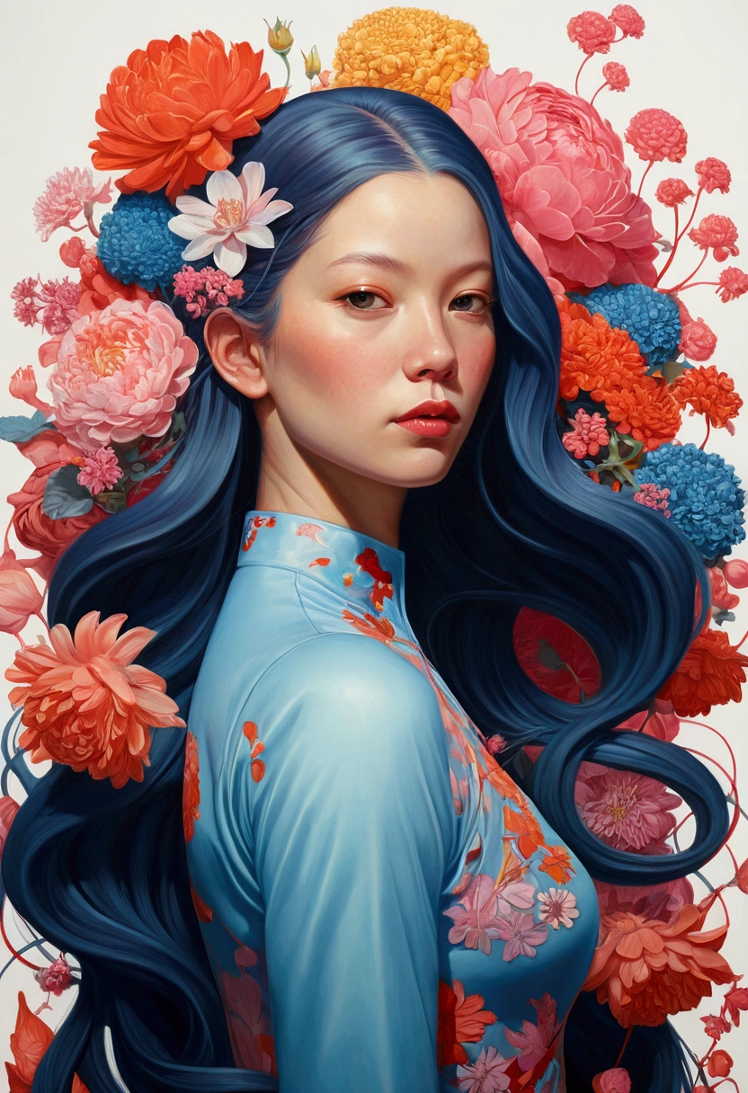 Painting of a woman with long hair and flowers, Ultra-fine detailed paintings inspired by James Jean, Reddit, neo-fauvism, James Jean and Petra Cortright, James Jean Mark, JamesJean」, James Jean Andrey Ryabovitchev, Kilian Eng: Vivid Colors, James Jean Soft Light 4K, Kilian Eng: Vivid Colors