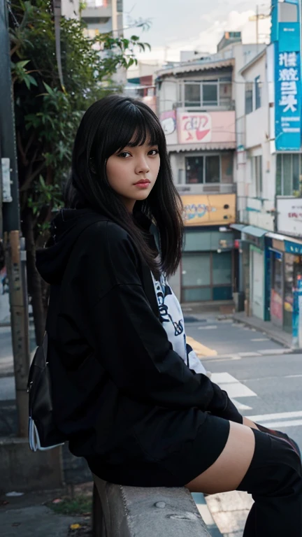 An Araffi woman sits on the edge of the city with the road in the background., Black haired girl wearing a hoodie, Korean girl, Ulzzang, young asian girl, Asian girl with long hair, young asian woman, young woman with black hair, long black hair with bangs, beautiful south korean women, She has black hair and bangs.