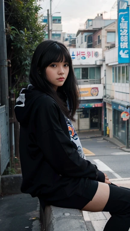 An Araffi woman sits on the edge of the city with the road in the background., Black haired girl wearing a hoodie, Korean girl, Ulzzang, young asian girl, Asian girl with long hair, young asian woman, young woman with black hair, long black hair with bangs, beautiful south korean women, She has black hair and bangs.