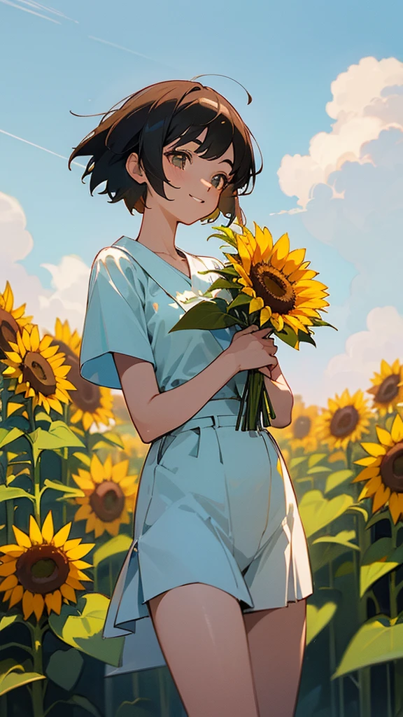 master piece, best quality, for below, cinematic angle, upper body , pigeon toed,
Anime-style Moe illustration, summer vacation theme, 20-year-old 4womans holding a bouquet of sunflowers, short hair, Summer Casual, slightly inner thighs, smile, accurate drawing, Active pose,