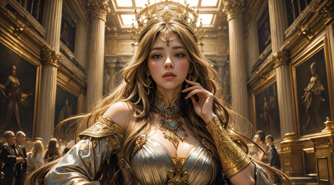Photorealistic beautiful woman portrait、bustshot、Rough sketch、messy golden hair、Shine a light in front of your face、hyper detailed painting、Complex ancient Greek clothing、High-resolution concept art、Influence of Alphonse Mucha、3d rendered、octan render、 complex costume、isometric、 Hyperistic cover photo in the center、awesome full color、handdraw、gritty、realistic mucha、Klimt、cinematic pose、high detailing、 high-definition picture、tre anatomically correct、Detailed hand depiction、Royal Palace Rooms、Look at viewers