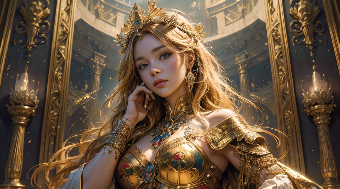 Photorealistic beautiful woman portrait、bustshot、Rough sketch、messy golden hair、Shine a light in front of your face、hyper detailed painting、Complex ancient Greek clothing、High-resolution concept art、Influence of Alphonse Mucha、3d rendered、octan render、 complex costume、isometric、 Hyperistic cover photo in the center、awesome full color、handdraw、gritty、realistic mucha、Klimt、cinematic pose、high detailing、 high-definition picture、tre anatomically correct、Detailed hand depiction、Royal Palace Rooms、Look at viewers