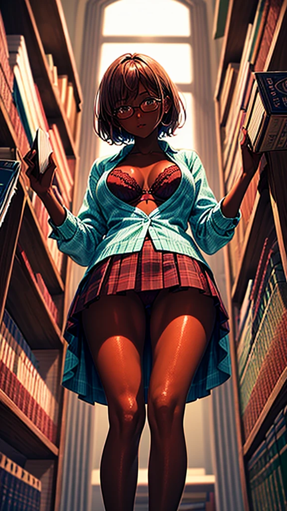 green blouse, unbuttoned blouse, red plaid skirt, red bra, lustrous dark skin, redhead, glasses, library girl, skinny long legs, surrounded by bookshelves, holding a book, upskirt, view from below
