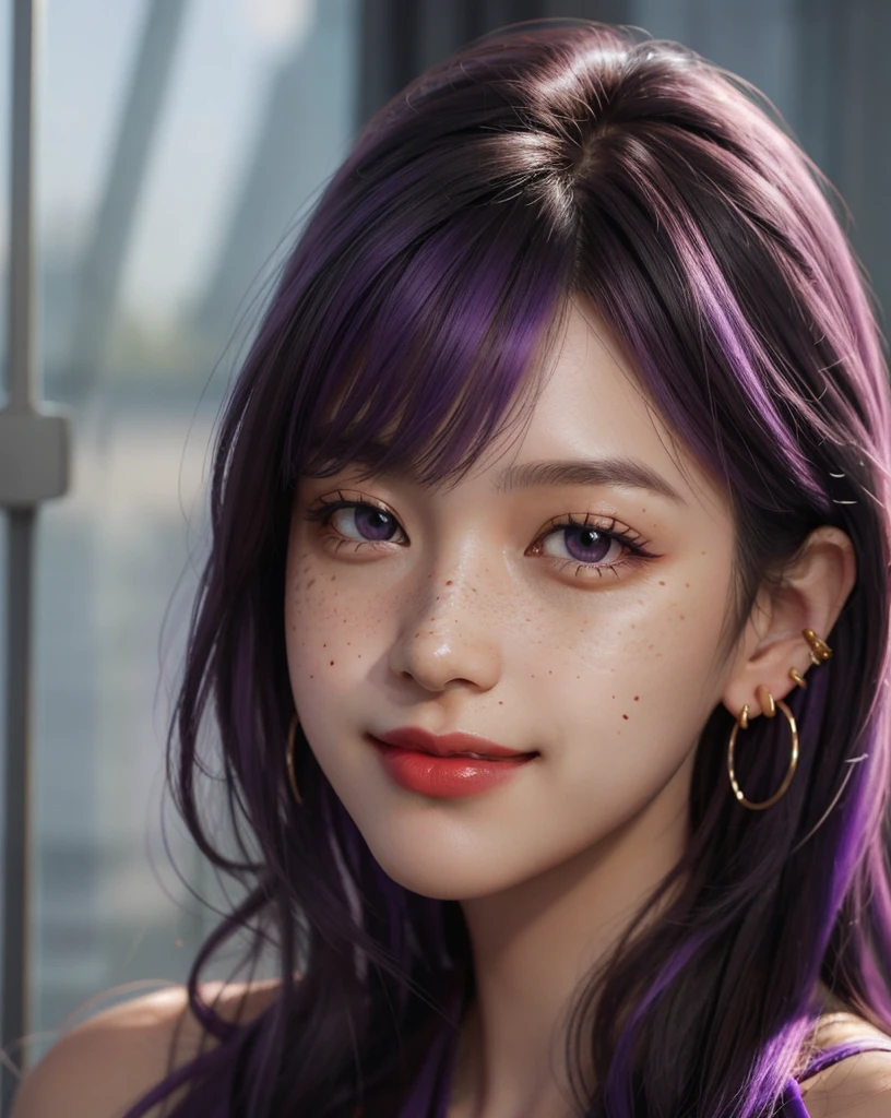 1 Girl, 19 years old, south korean, 4k, masterpiece, realistic, long whavy black hair with bangs, purple fade hair, shining purple pupils, shining red lips, red eyeliners, golden hoop earings, elegant purple dress, freckles, super large breast, big smug smile, closed mouth, glasses bright colors, face close up, face focus, portrait.