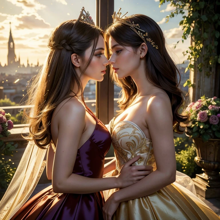 (masterpiece, best quality:1.5), highest quality, High resolution, super detailed, Realists, Full body photo of brunette woman, detailed and beautiful eyes, beautiful detailed lips, very detailed eyes and face, longeyelashes, Woman in evening dress made of shiny satin fabric, Beautiful and colorful makeup, elegant and noble々Pose,shiny crown and jewels, Gardens as background, soft daylight, bright colors, fine brushstrokes, Portrait style, Noble details in the dress fabric, beautiful color palette, glowing skin, First-class rendering, that captures every detail, enchanting atmosphere, subtle shadows and lights, (perfect anatomy:1.2), (Two stunning women are deeply in love:1.4), (kiss:1.2), (magnificent panorama view:1.2)