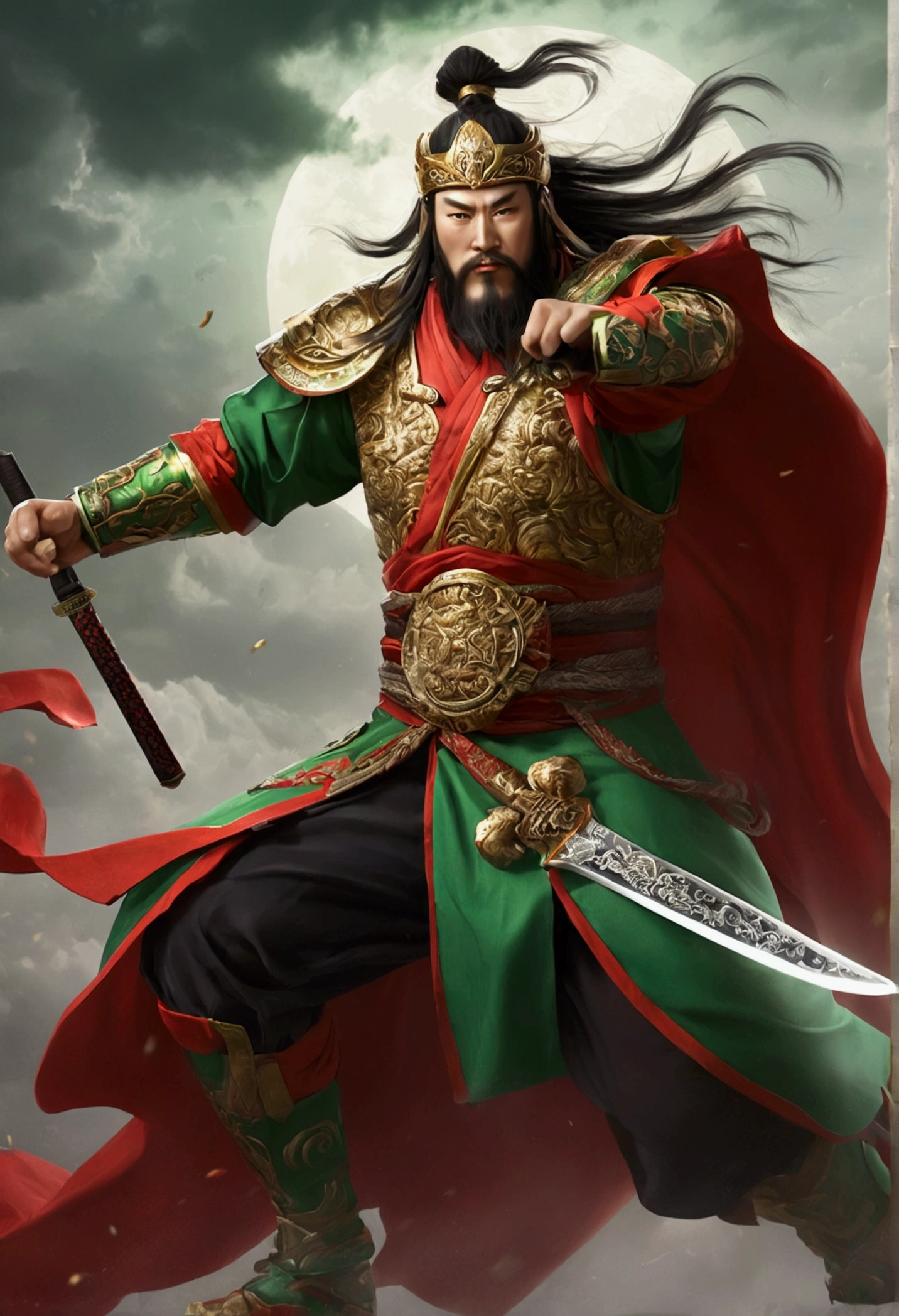 Guan Yu rode a red horse,Wearing a green robe,Wielding the Seki knife,character splash art,Lightning is all around。