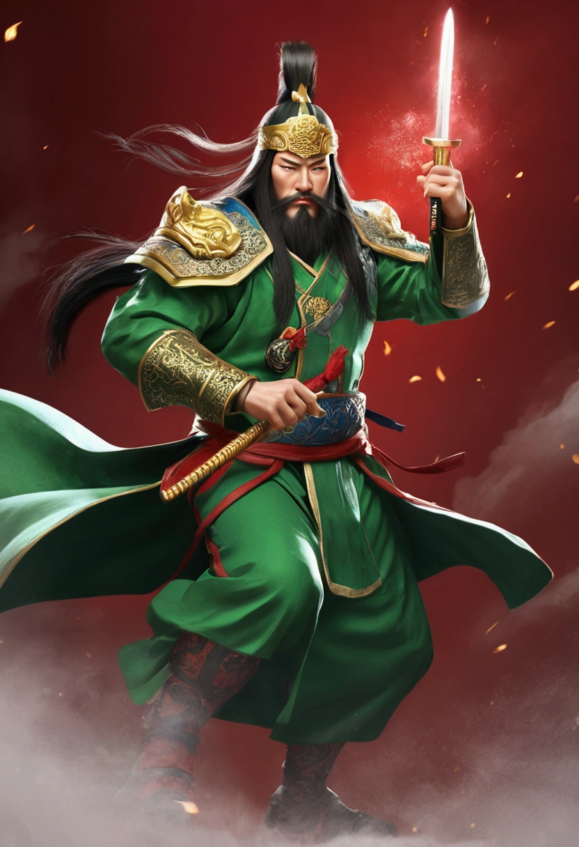 Guan Yu rode a red horse，Wearing a green robe，Wielding the Seki knife，character splash art，Lightning is all around。