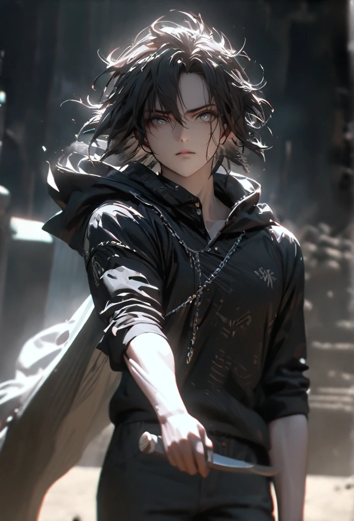 (solo), masculine, black hair, messy hair, mane hair, short hair, dense hair, wild hair, expressive hair, mature,(25 year old), pale skin, grey eyes, ((man)), teacher, wearing black shirt, rolled up sleeves, black long pants, One shoulder has armor, cape covering one arm, detailed eyes, dark, hood, the background is space in china. Silver chains everywhere, attractive, eye reflection, depth of field, thunder aura, cinematic lighting, ray tracing, depth of field, cinematic lighting, ray tracing, UHD, high details, best quality, highres, high quality, award winning, super detail, masterpiece, 8k, UHD, high details, best quality, highres, high quality, award winning, super detail, masterpiece, 8k, digital art, anime coloring, full body, body shot, good face, perfect face, detailed face, good eyes, in a fighting position, holding a sword.