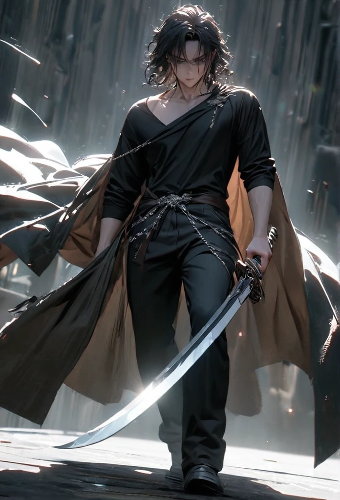 (solo), masculine, black hair, messy hair, mane hair, short hair, dense hair, wild hair, expressive hair, mature,(25 year old), pale skin, grey eyes, ((man)), teacher, wearing black shirt, rolled up sleeves, black long pants, One shoulder has armor, cape covering one arm, detailed eyes, dark, hood, the background is space in china. Silver chains everywhere, attractive, eye reflection, depth of field, thunder aura, cinematic lighting, ray tracing, depth of field, cinematic lighting, ray tracing, UHD, high details, best quality, highres, high quality, award winning, super detail, masterpiece, 8k, UHD, high details, best quality, highres, high quality, award winning, super detail, masterpiece, 8k, digital art, anime coloring, full body, body shot, good face, perfect face, detailed face, good eyes, in a fighting position, holding a sword.