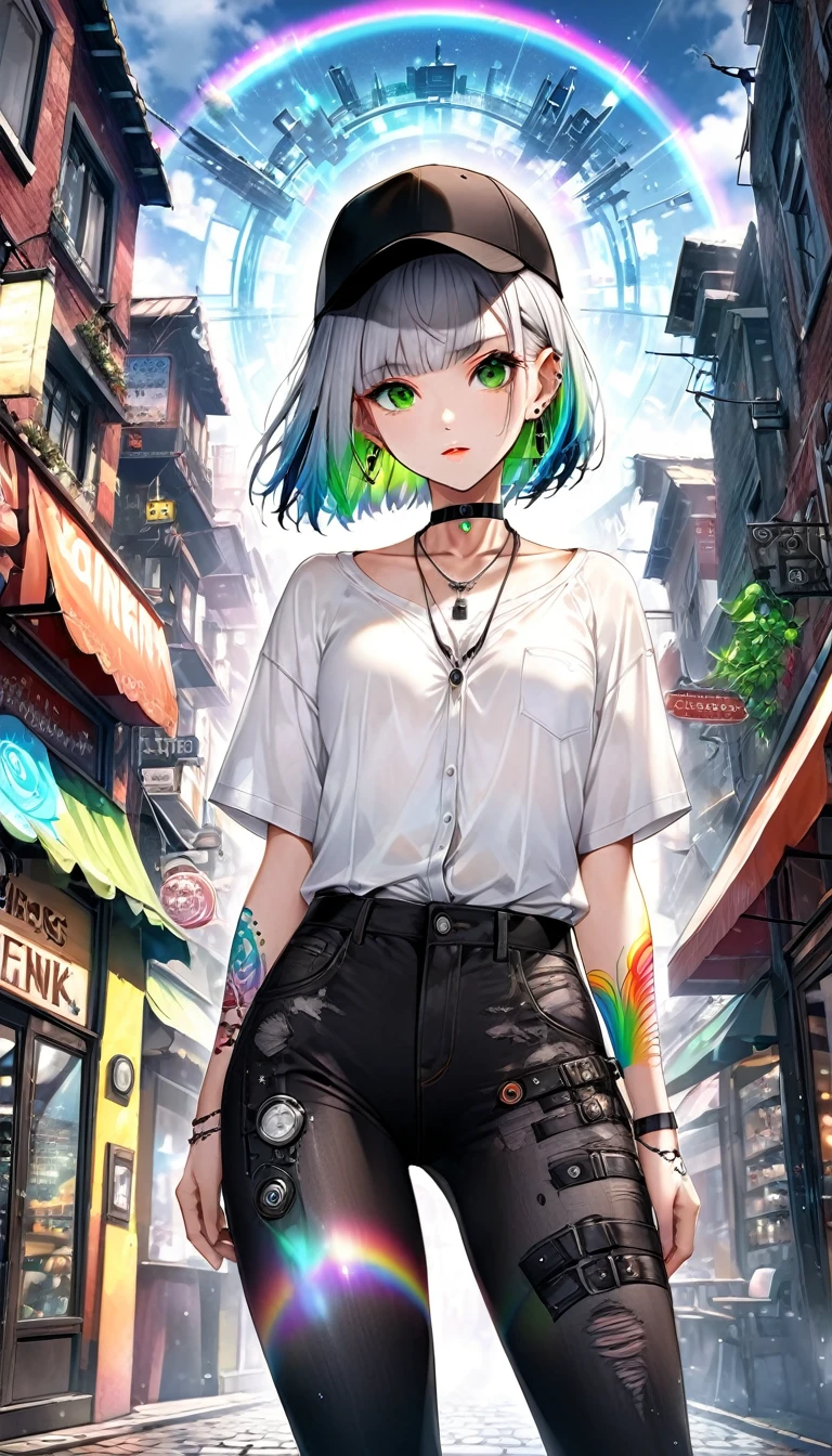 seamless image fusion, cute woman, amorous and lewd face, make-up, glossy smooth silver short bob cut, blunt bangs, covered in tattoos, great proportion, shiny big green eyes, background kaleidoscope of ruined cityscapes, analyzers, labs, and more, with mix of stonepunk, firepunk, and waterpunk, rainbow colored cosmic rays, Cafe Terrace, shading effects, gradation magic effects, foggy filter effects, glitter effects, (ultra detailed, absolutely resolution, best quality:1.3), 2.5D, delicate and dynamic, artistic photography, hyper realistic, graphic CG digital art, wearing unbuttoned loose white shirt, necklace, black ring earrings, black choker, black baseball cap, black slim and tight distressed jeans, black chunky engineer boots