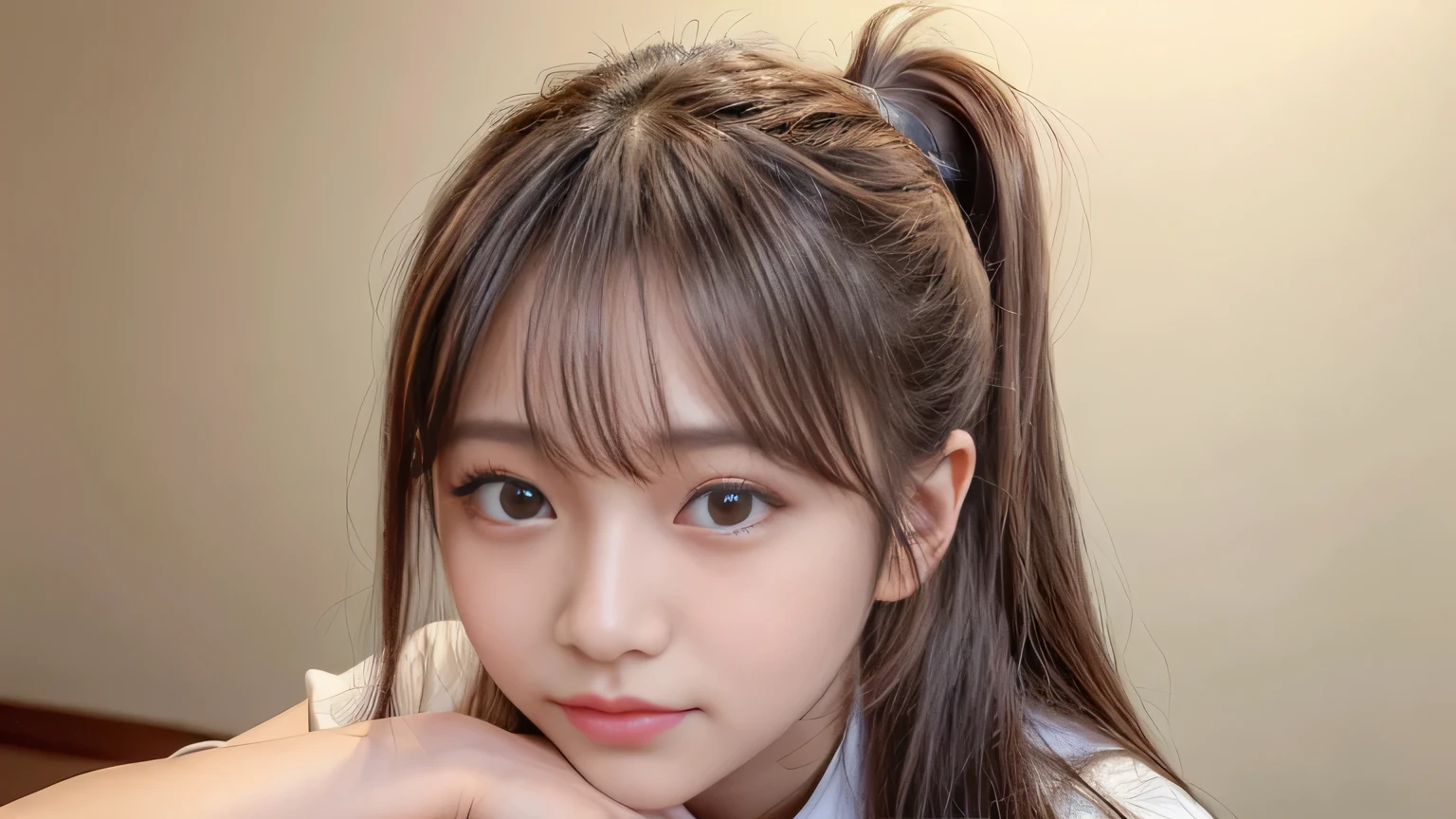 blush,14 years old,Long hair ponytail,Wearing a white polo shirt,Wearing jeans,enjoy the date,amusement park,Face close-up,((8k, RAW Photos, Highest quality, The pieces fly:1.2), (reality, Realistic:1.4), (Highly detailed 8K wallpapers), Depth of written border, Cinema Lighting, Soft Light, Detailed beauty eyes,Shiny and smooth light brown ponytail, Asymmetrical bangs, Glowing Skin, Highly detailed skin ,High resolution, Attention to detail, Detailed hairstyle, Detailed beauty face, Hyper Real, Perfect limbs, Perfect Anatomy ,1 Japanese girl,Famous Japanese Idols, Perfect female body,A shy smile,short eyelashes,double eyelid,Look straight here,Hairstyle: Ponytail,Do not fold your hands