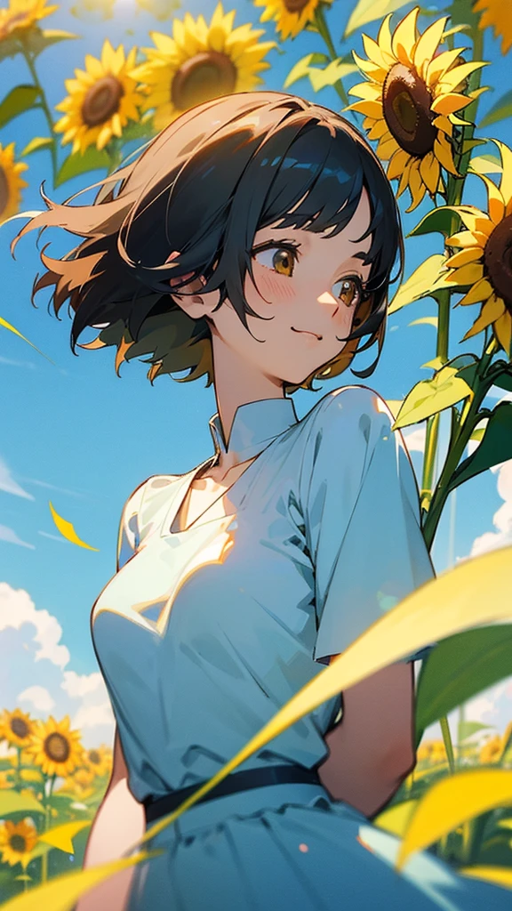  master piece, best quality, for below, cinematic angle, upper body , pigeon toed,  
Anime-style Moe illustration, summer vacation theme, 20-year-old 4womans holding a bouquet of sunflowers, short hair, Summer Dress, slightly inner thighs, smile, accurate drawing, Active pose,
