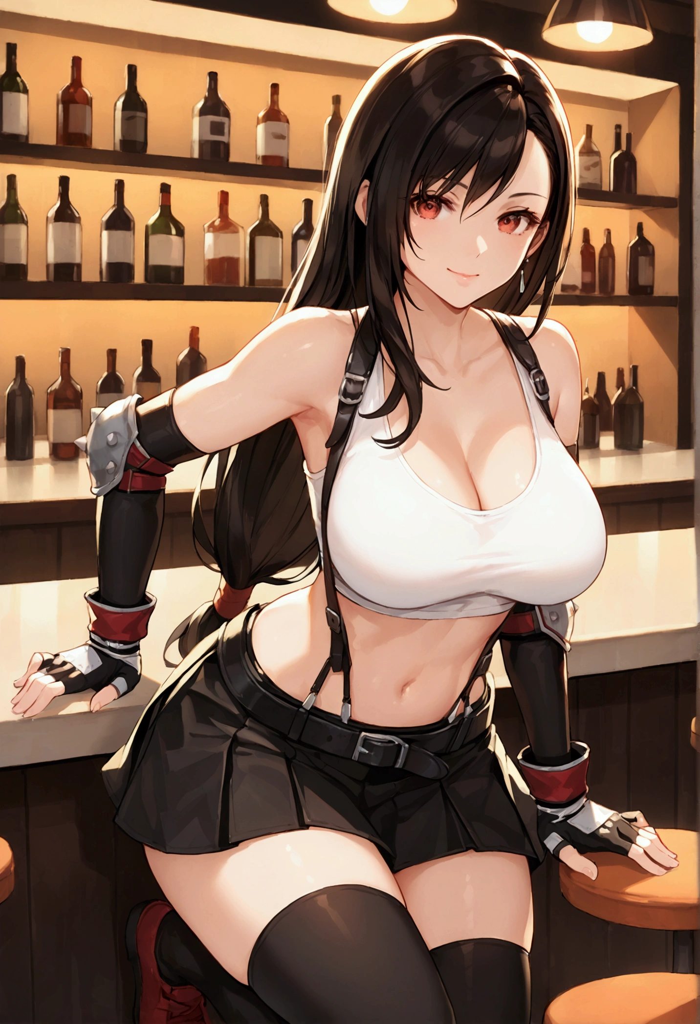 (score_9, score_8_up, score_7_up), BREAK (masterpeace),(best quality),(aesthetic,very aesthetic),(highly detailed),.1girl, tifa lockhart, final fantasy,(beautiful). black hair, low-tied long hair, red eyes, bangs, white tank top,gap, belt, pleated skirt, thighhighs, elbow fingerless gloves, elbow pads, midriff, navel,suspender skirt.zettai ryouiki,(large_breasts:1.3),Solo,upperbody,looking at viewer, vibrant, joyful,cafe and bar,(Emphasize the cleavage),hands on counter,Showcasing cleavage:1.3 ,counter,straight-on,breast focus,from feet,dynamic angle,professional lighting,cinematic lighting