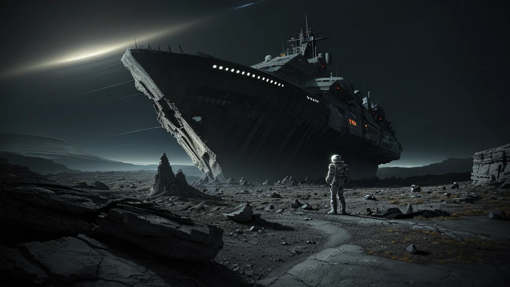 (((masterpiece))) dark, night, A futuristic spaceship has crashed on the earth of a rocky alien planet, the ship shows visible damage from the impact. The astronaut in the orange suit and white helmet is standing to the side of the scene in the foreground, with his back turned, observing his shattered ship. The planet lacks vegetation, there are only rocks and stones, it is nighttime, it is a barren and dark landscape.