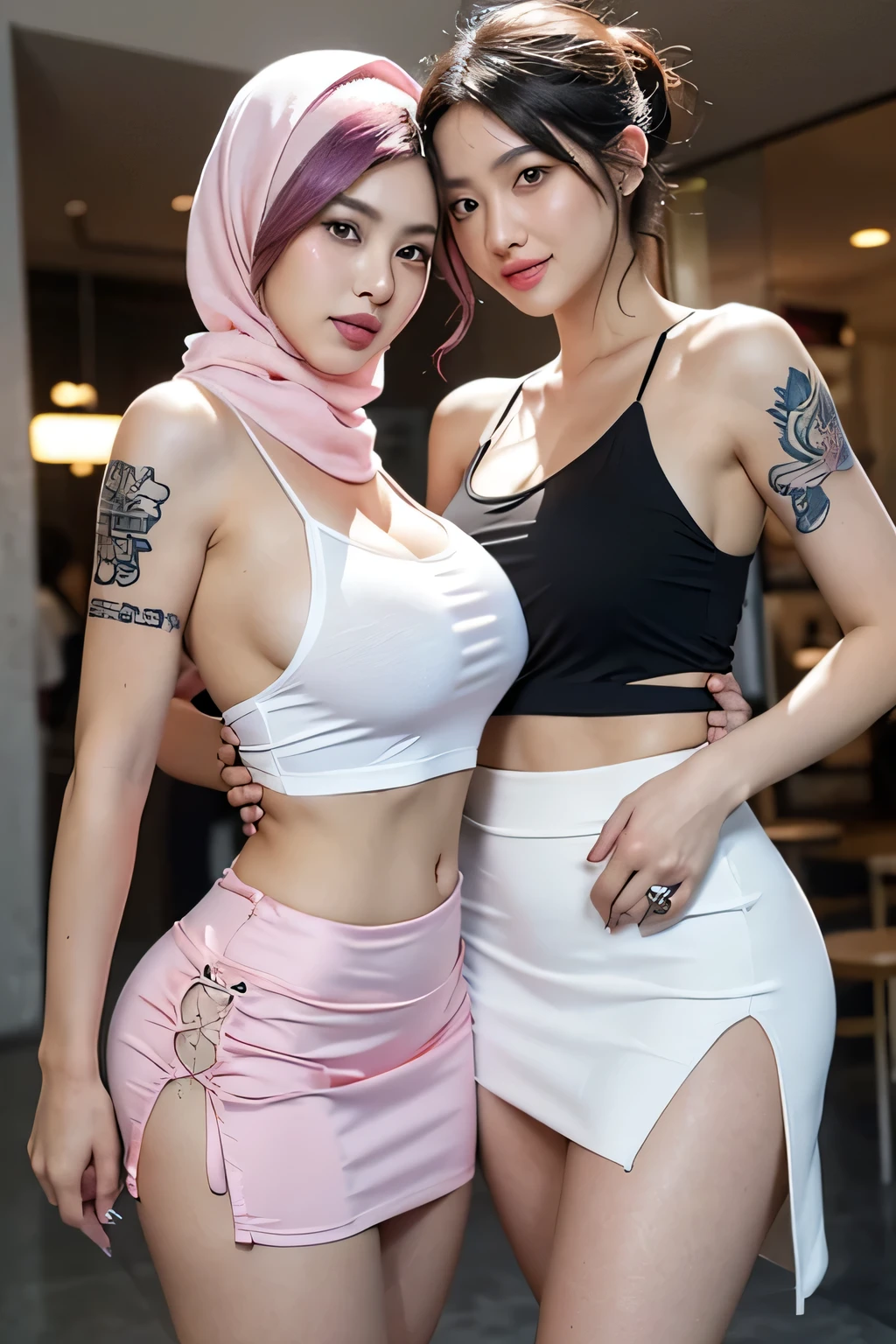 lesbian, (2girls:1.1), (family, lovers, (mother and daughter) on a date:1.15), RAW, Best quality, high resolution, masterpiece: 1.3), (wear: white pink hijab: 1.3), hijabi, (highlight purple pony hair), Masterpiece, (very Huge breast), (gigantic breast), (very massive breast), (large full breast, see-through Loose oversized T-shirt with visible breasts), beutiful face, detail face, big gorgeous eyes, smile, (girl in sexy suit), (wear: see-through oversized t-shirt (backless, underboobs, cropped, low-cut, spaghetti strap, cutout),(cleavage): 1.3), (wear:see-through short skirt, ( mini skirt slit): 1.3) (breasts-tattoos), (background: public malls: 1.3), Excellent lighting, Bright colors, Clean lines, tattoo, (irezumi Tattoo), (tattoos), TATTOO