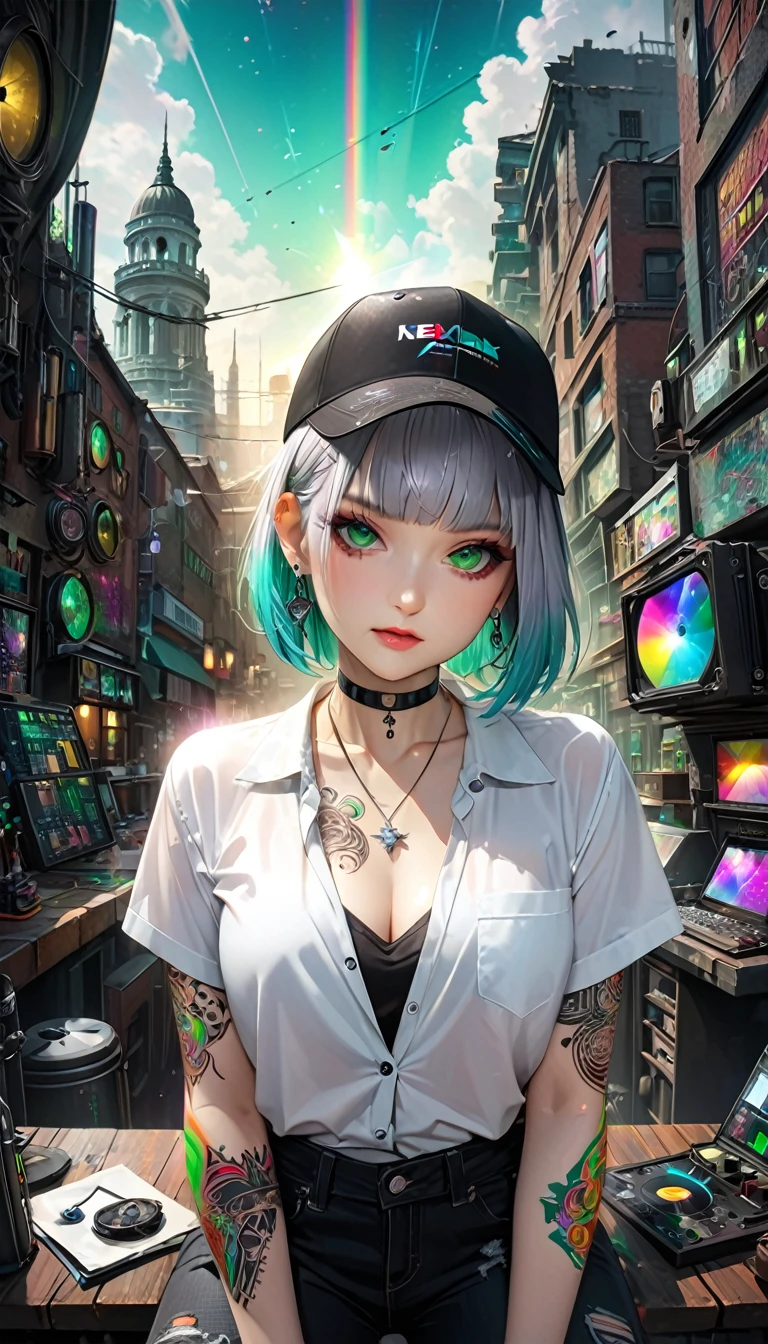 seamless image fusion, cute woman, amorous and lewd face, make-up, glossy smooth silver short bob cut, blunt bangs, covered in tattoos, great proportion, shiny big green eyes, background kaleidoscope of ruined cityscapes, analyzers, labs, and more, with mix of stonepunk, firepunk, and waterpunk, rainbow colored cosmic rays, Cafe Terrace, shading effects, gradation magic effects, foggy filter effects, glitter effects, (ultra detailed, absolutely resolution, best quality:1.3), 2.5D, delicate and dynamic, artistic photography, hyper realistic, graphic CG digital art, wearing unbuttoned loose white shirt, necklace, black ring earrings, black choker, black baseball cap, black slim and tight distressed jeans, black chunky engineer boots
