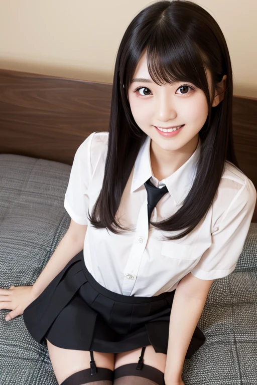 A cute 20 year old Japanese girl wearing a mini skirt and stockings, High resolution, Long Hair, chest, Gaze, smile, Open your mouth, Black Hair, Highest quality,