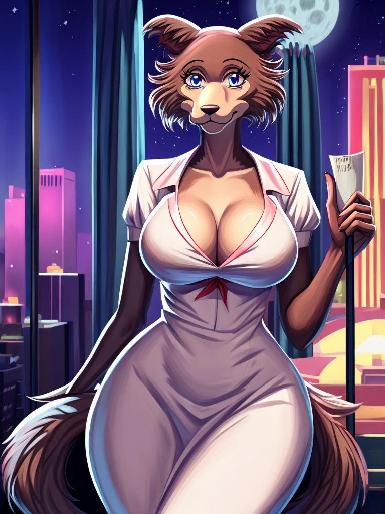 Beastars art style, beastars, Juno, brown wolf, she Wolf, 1girl, furry, long curly brown fur, slim figure, blue eyes, wide hips, Big breasts, nurse outfit, cleavage, night time, Las Vegas hotel