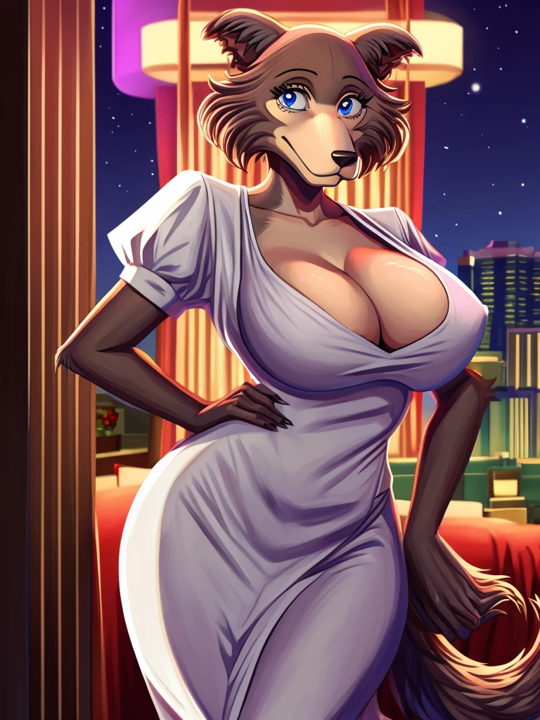 Beastars art style, beastars, Juno, brown wolf, she Wolf, 1girl, furry, long curly brown fur, slim figure, blue eyes, wide hips, Big breasts, nurse outfit, cleavage, night time, Las Vegas hotel