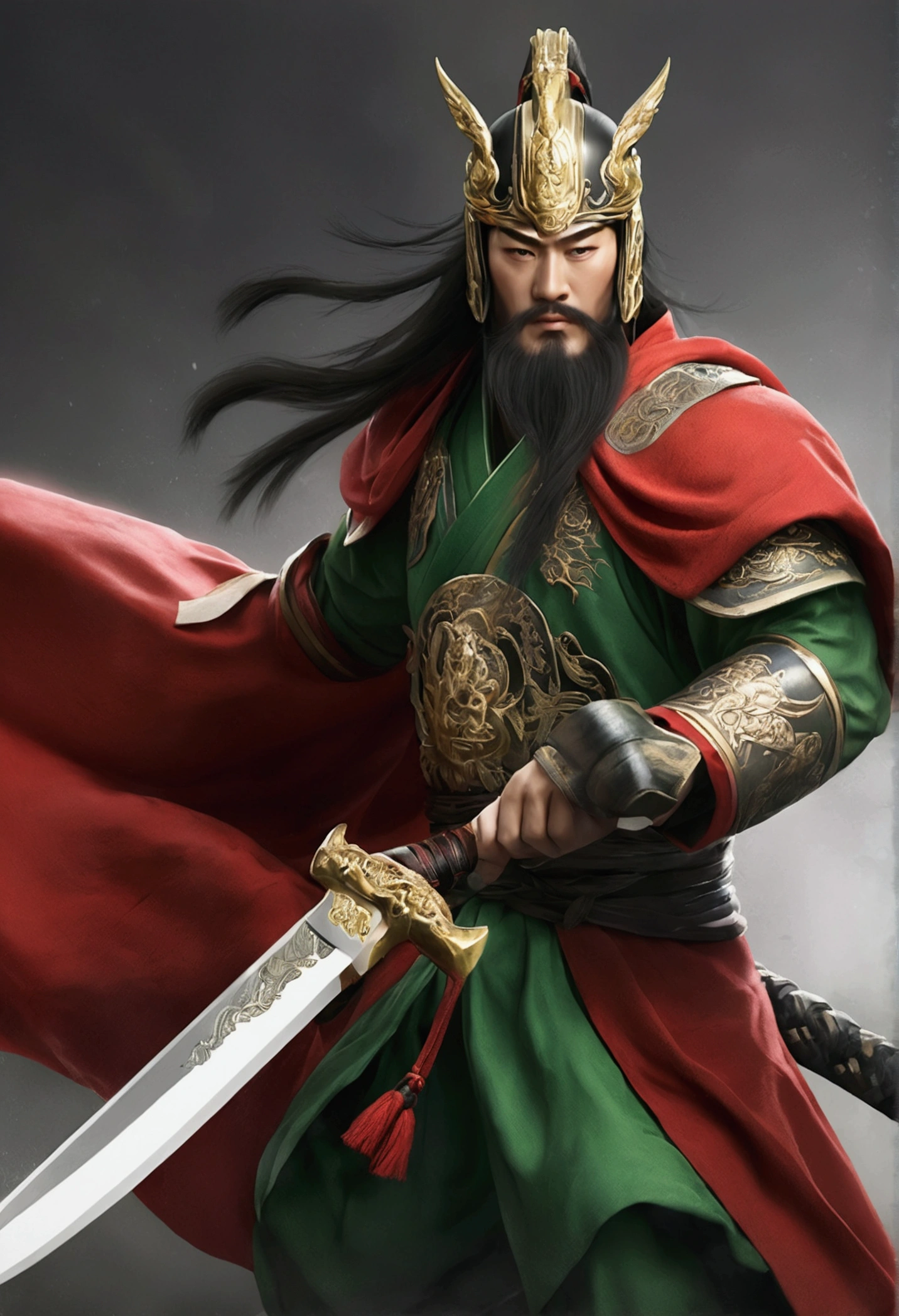 Guan Yu rode a red horse，Wearing a green robe，Wielding the Seki knife，character splash art，Lightning is all around。