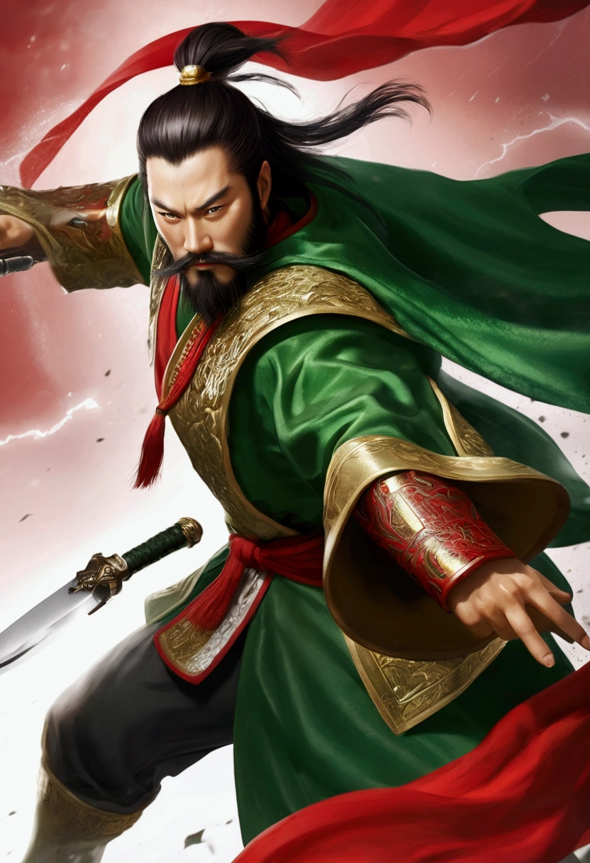 Guan Yu rode a red horse,Wearing a green robe,Wielding the Seki knife,character splash art,Lightning is all around。