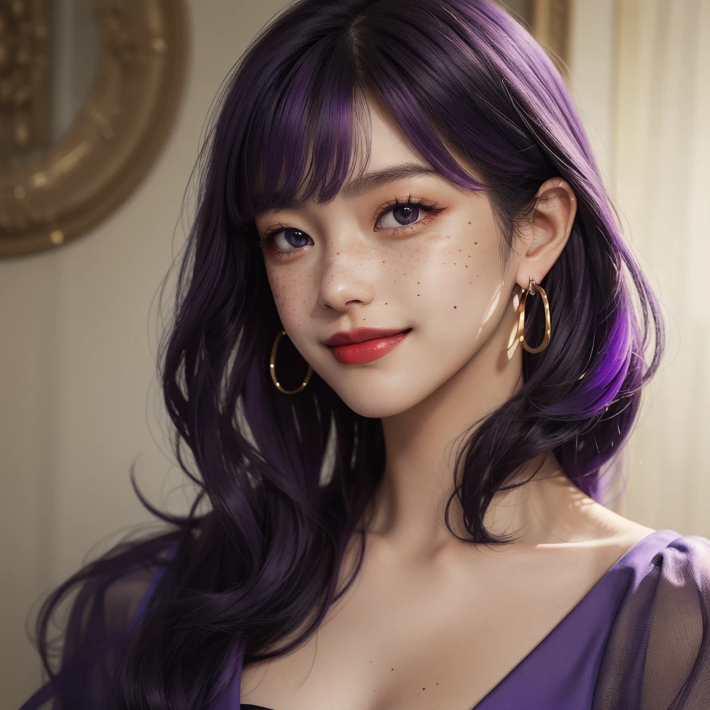 1 Girl, 19 years old, south korean, 4k, masterpiece, realistic, long whavy black hair with bangs, purple fade hair, shining purple pupils, shining red lips, red eyeliners, golden hoop earings, elegant purple dress, freckles, super large breast, big smug smile, closed mouth, bright colors, face close up, face focus, portrait.