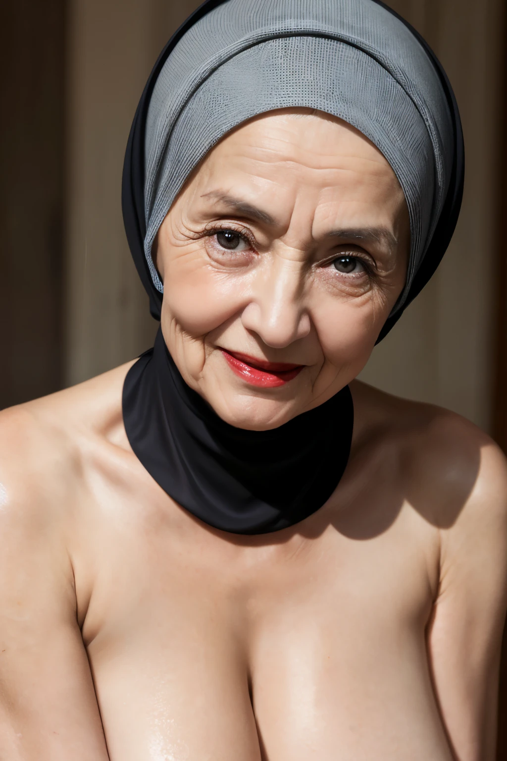 ((Naked red lips)), ((Old Lady :1.5)), (((VERY SHINY SKIN))), Very cute like a Matured Lady, ((Stylish Hijab)), adorable, 2 girl, 55 years old, baby face, shy, half body portrait,smile,  (face details: 1), (eye details: 1), ((round large breasts, cleavage)). Cute posed. proportional body. (Black skin :1)