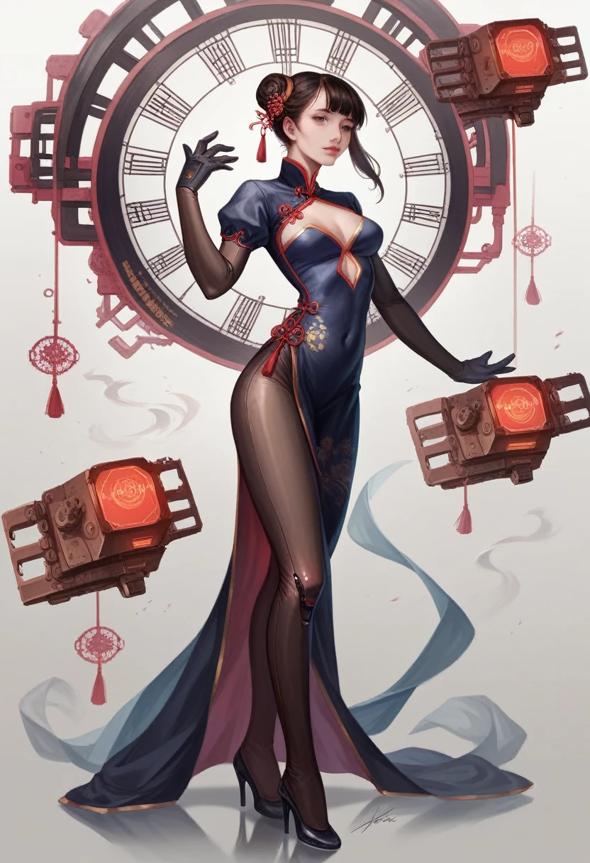 a beautiful girl wearing a chinese style qipao dress, tight bodysuit, high heels, and gloves, with a futuristic mechanical body, 4k, 8k, highres, masterpiece:1.2, ultra-detailed, realistic, photorealistic:1.37, portrait, cinematic lighting, intricate details, elegant, graceful, striking pose, vibrant colors, chiaroscuro, dramatic shadows, steampunk, cyberpunk, futuristic, traditional chinese elements