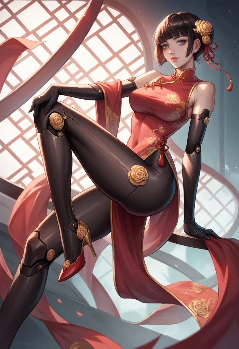 a beautiful girl wearing a chinese style qipao dress, tight bodysuit, high heels, and gloves, with a futuristic mechanical body, 4k, 8k, highres, masterpiece:1.2, ultra-detailed, realistic, photorealistic:1.37, portrait, cinematic lighting, intricate details, elegant, graceful, striking pose, vibrant colors, chiaroscuro, dramatic shadows, steampunk, cyberpunk, futuristic, traditional chinese elements