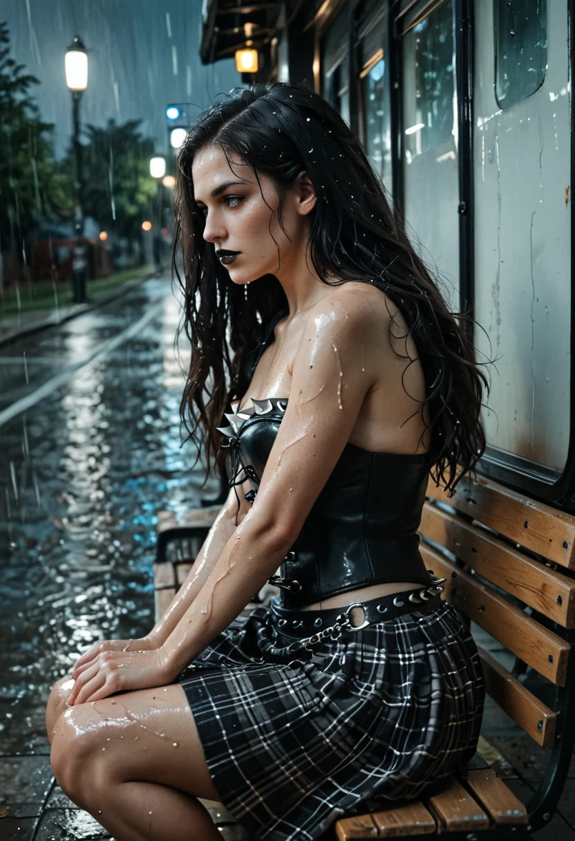 1girl,solo, green eyes, big hair,fair skin,
(black lip:1.2) ,gray eyes,(blue theme:0.8),
long hair,pink+black hair color,plaid skirt,
wet,a sad day,portrait,upper body,side view, 
score_9, score_8_up, score_7_up,moonlight,squatting, street bench,
bus station,
heavy rain at night,from above,
masterpiece, best quality,
hud_sp1ked, chain, spikes, leather, skirt, corset, 