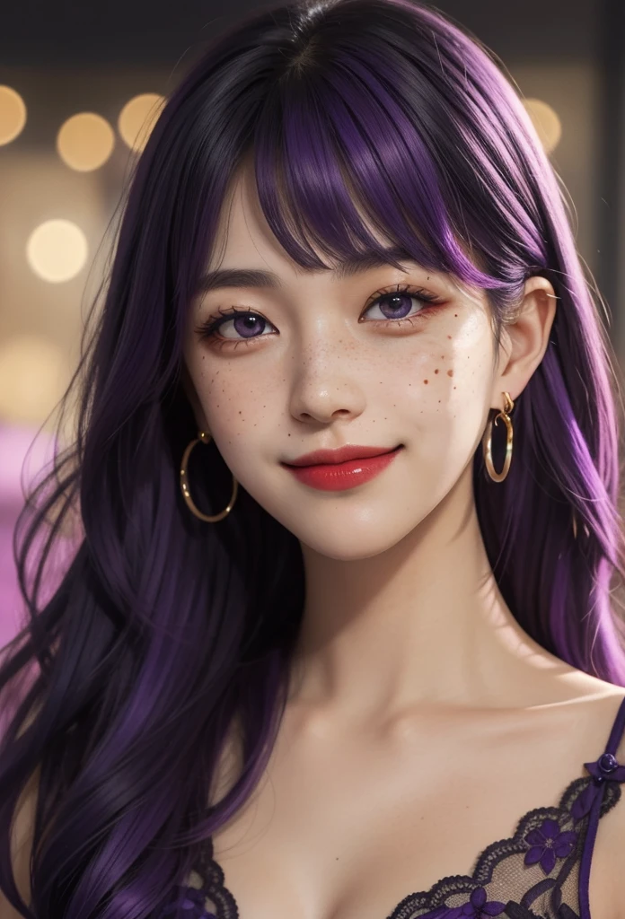 1 Girl, 19 years old, south korean, 4k, masterpiece, realistic, long whavy black hair with bangs, purple inner color hair, shining purple pupils, shining red lips, red eyeliners, golden hoop earings, elegant purple dress, freckles, super large breast, big smug smile, closed mouth, bright colors, face close up, face focus, portrait.