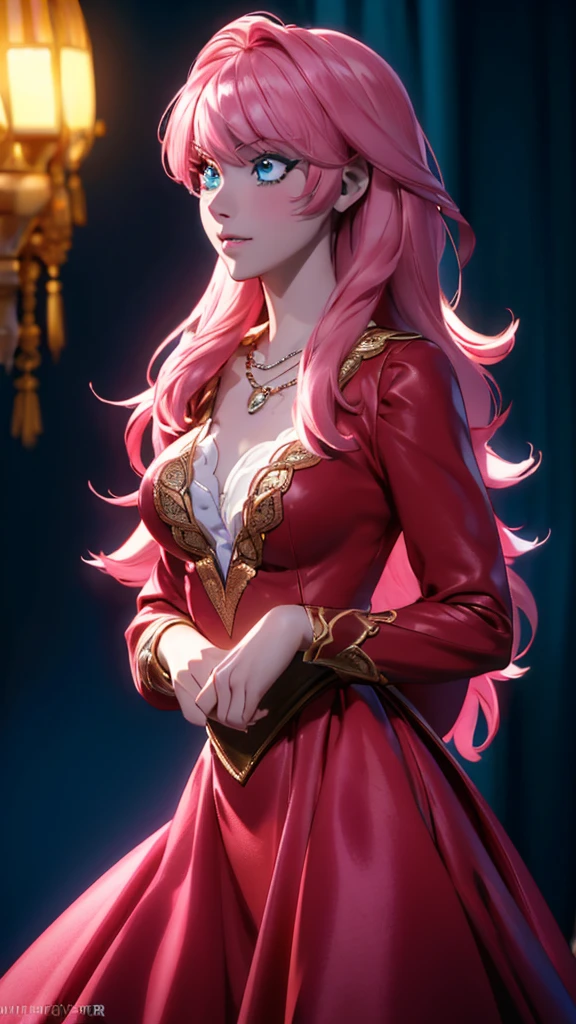 best quality, masterpiece, high resolution, A girl, blond, Blue eyes, fashion clothing, necklace, jewelry, Pretty Face, Perfect breasts, more than_Body, Tyndall effect, lifelike, Dark Studio, Side lighting, Two-color lighting, (HD Skin:1.2), 8k Ultra HD, Soft Light, high quality, Volumetric Lighting, frank, photography, high resolution, 8k, Bokeh,hort depth of field,,,(risheirmgardweitzner,pink_hair,aqua_eyes,:1.2), ,Niji XL, red dress,