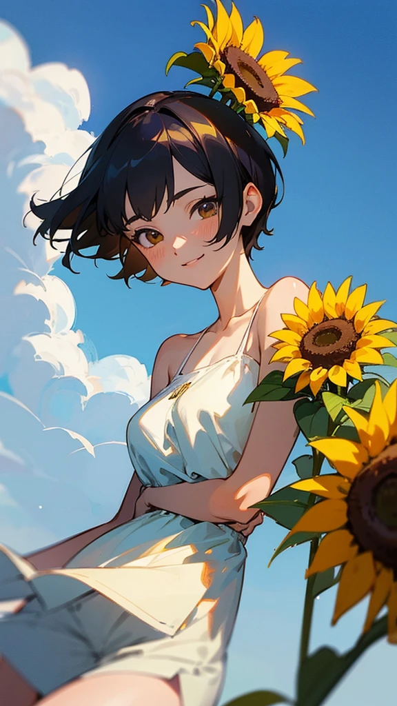  master piece, best quality, for below, cinematic angle, upper body , pigeon toed,  
Anime-style Moe illustration, summer vacation theme, 20-year-old 4womans holding a bouquet of sunflowers, short hair, 
naked, slightly inner thighs, smile, accurate drawing, Active pose,