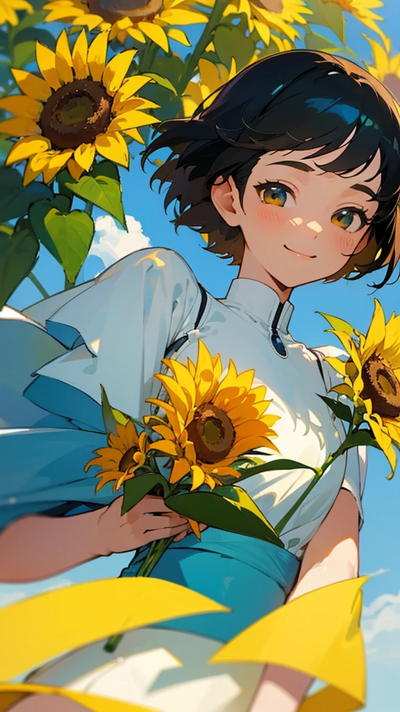 master piece, best quality, for below, cinematic angle, upper body , pigeon toed,
Anime-style Moe illustration, summer vacation theme, 20-year-old 4womans holding a bouquet of sunflowers, short hair, Summer Dress, slightly inner thighs, smile, accurate drawing, Active pose,