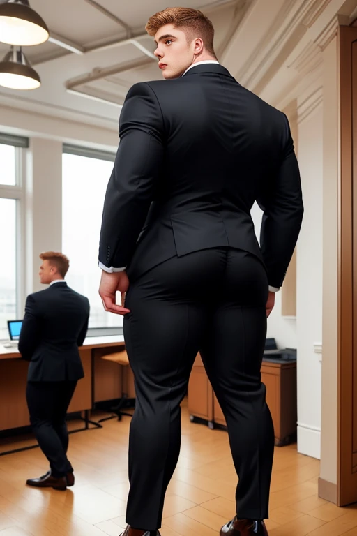 4 meter tall white muscular men. 20 years old. Childish Young hairless fresh face. In london with friend. Ass up head down pose, Very sexy Posing for camera. Muscular. Wearing a tight black and office suit . Big ass. Smooth body and face. Belly seen. Long long legs. View from the back.