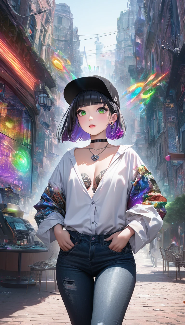 seamless image fusion, cute woman, amorous and lewd face, make-up, glossy smooth silver short bob cut, blunt bangs, covered in tattoos, great proportion, shiny big green eyes, background kaleidoscope of ruined cityscapes, analyzers, labs, and more, with mix of stonepunk, firepunk, and waterpunk, rainbow colored cosmic rays, Cafe Terrace, shading effects, gradation magic effects, foggy filter effects, glitter effects, (ultra detailed, absolutely resolution, best quality:1.3), 2.5D, delicate and dynamic, artistic photography, hyper realistic, graphic CG digital art, wearing unbuttoned loose white shirt, necklace, black ring earrings, black choker, black baseball cap, black slim and tight distressed jeans, black chunky engineer boots