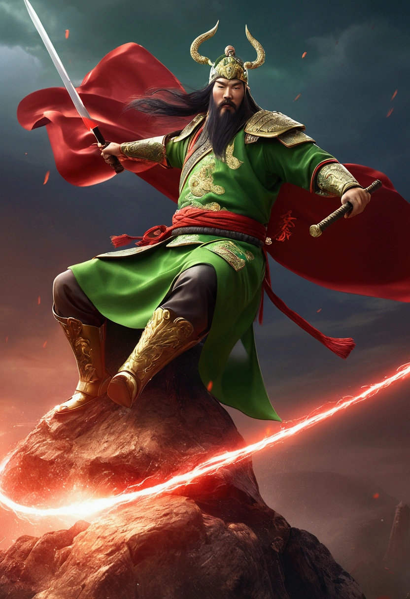 Guan Yu rode a red horse，Wearing a green robe，Wielding the Seki knife，character splash art，Lightning is all around。