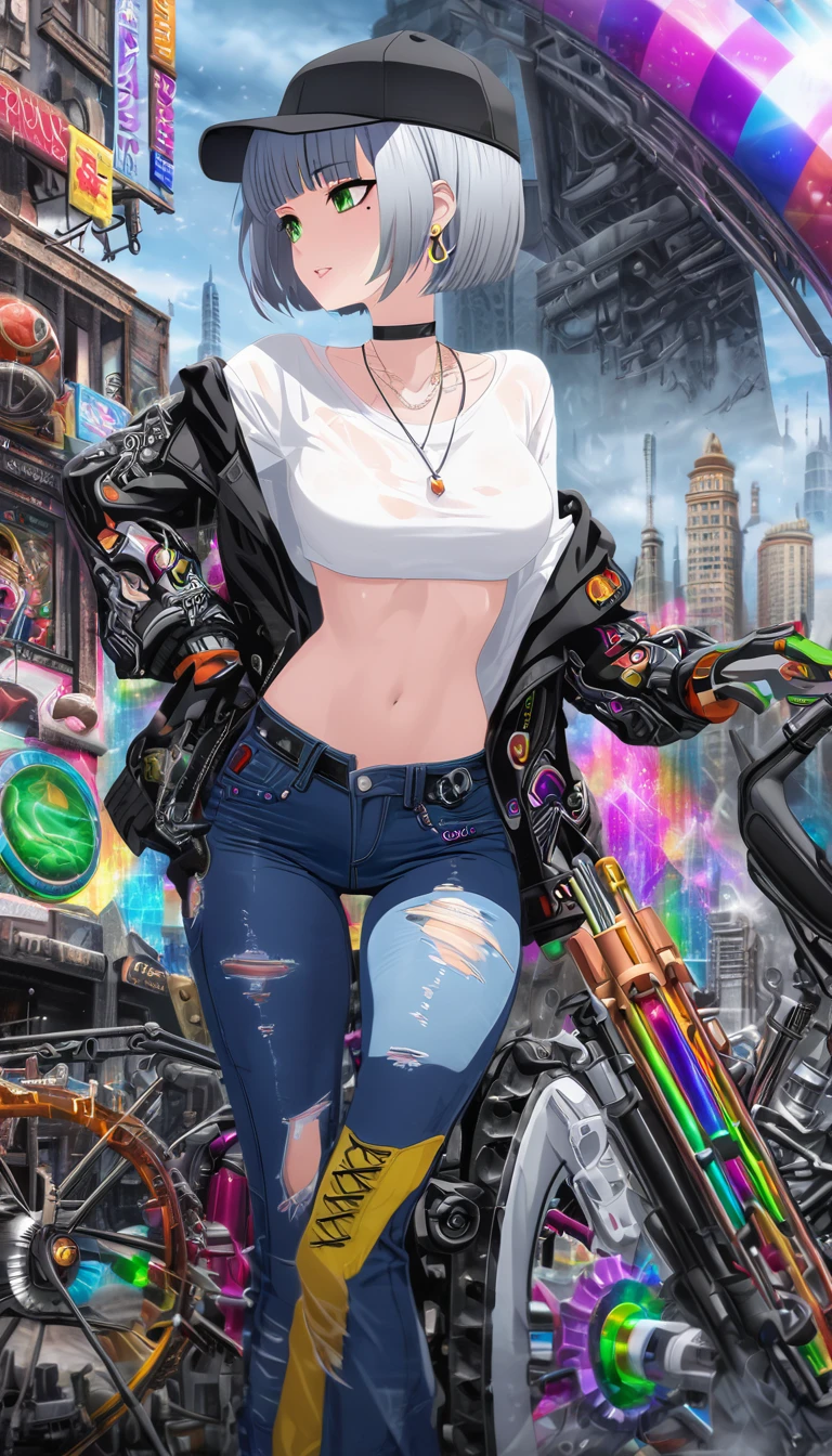 seamless image fusion, cute woman, amorous and lewd face, make-up, glossy smooth silver short bob cut, blunt bangs, covered in tattoos, great proportion, shiny big green eyes, background kaleidoscope of ruined cityscapes, analyzers, labs, and more, with mix of stonepunk, firepunk, and waterpunk, rainbow colored cosmic rays, Cafe Terrace, shading effects, gradation magic effects, foggy filter effects, glitter effects, (ultra detailed, absolutely resolution, best quality:1.3), 2.5D, delicate and dynamic, artistic photography, hyper realistic, graphic CG digital art, wearing unbuttoned loose white shirt, necklace, black ring earrings, black choker, black baseball cap, black slim and tight distressed jeans, black chunky engineer boots