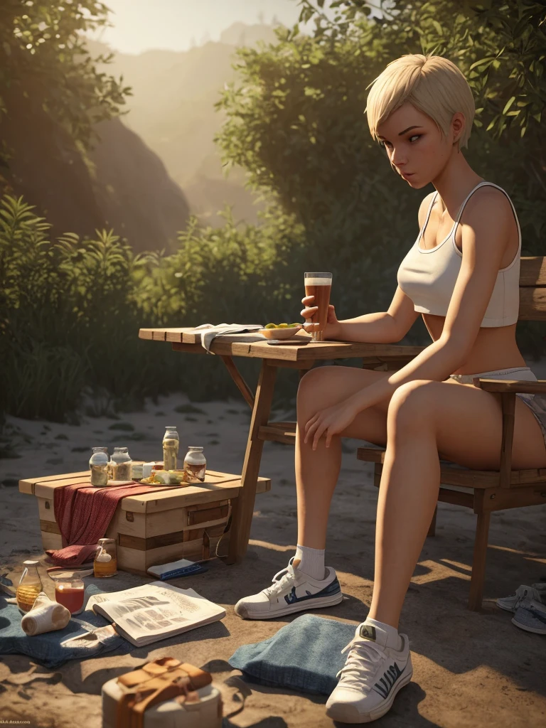 full length portrait, RAW photo of a pretty  girl sitting on a beach chair by the riverside, very beautiful features, blonde hair, pixie cut, skinny body, medium breasts, tight pink crop top, no bra, denim shorts, white socks and white chunky sneakers, the crop top has 'babyl' written on it, picnic table, ultra high pixel detail, cinematic, intricate, cinematic light, concept art, art station, realistic, movie scene, cinematic, high quality, craig mullins and wayne barlowe style, full colors, incredibly detailed, 4k, 8k,