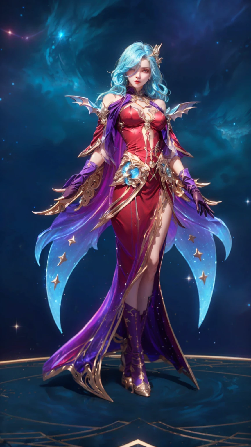 Realistic, High Quality. blue hair vampire girl, side-swept, over one eye, messy hair, European girl, a 25 years old girl, almond eyes. Beautiful model, Pale white skin. realistic skin, cleavage, slim body shape, extremely detailed hair, delicate sexy face, shiny lips. purple scarlet gown with blue astral ornaments, wearing leather gloves. one hand facing up and the other facing down. Space with stars background.