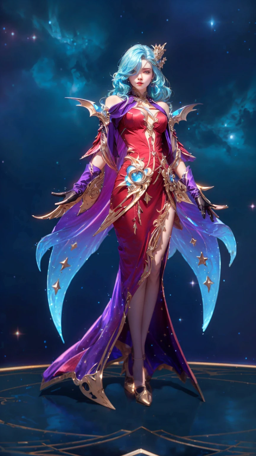 Realistic, High Quality. blue hair vampire girl, side-swept, over one eye, messy hair, European girl, a 25 years old girl, almond eyes. Beautiful model, Pale white skin. realistic skin, cleavage, slim body shape, extremely detailed hair, delicate sexy face, shiny lips. purple scarlet gown with blue astral ornaments, wearing leather gloves. one hand facing up and the other facing down. Space with stars background.