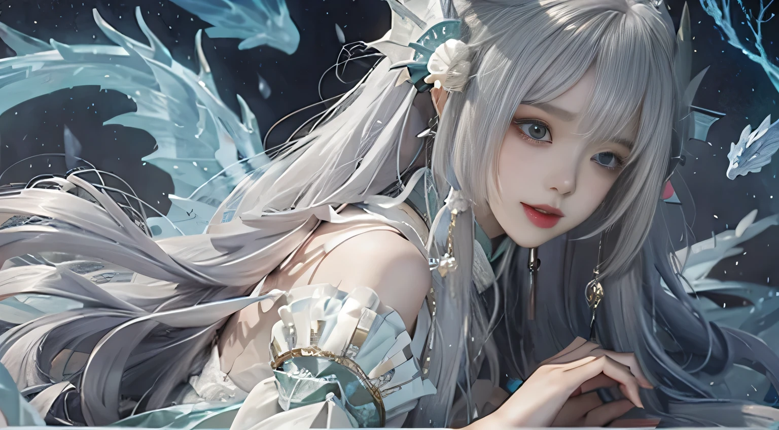 Close-up of a woman in a costume,Beautiful celestial mage,Amazing young ethereal characters,shaxi,A flowing magic robe,White Hanfu,xianxia fantasy,Beauty Delfin,Ethereal fantasy,Elegant and charming cosplay,Half lying on the ground,Feminine and colorful,It's tumultuous,nighttime scene,Lots of neon, white an black color